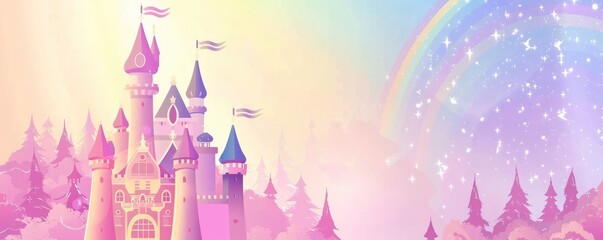 rainbow pastel fantasy fairy tale castle background - obrazy, fototapety, plakaty