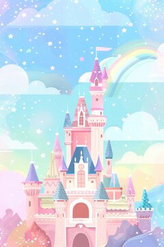 rainbow pastel fantasy fairy tale castle background