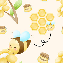 Honey bee seamless pattern with yellow pastel background Cute hand drawn watercolor fabric design
