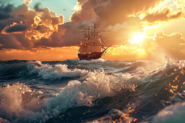 Sailing ship on ocean waves at sunset