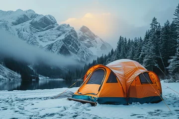 Fotobehang A large orange tent is set up in the snow next to a lake. The tent is surrounded by trees and mountains in the background. The scene is peaceful and serene © Dawid