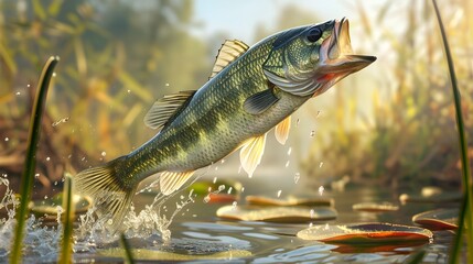 Leaping Largemouth Bass Catching Prey in Sunlit Aquatic Habitat with Lily Pads and Reeds - obrazy, fototapety, plakaty