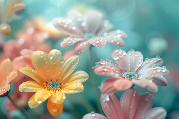 Colorful pastel flowers with water drops wallpaper background.