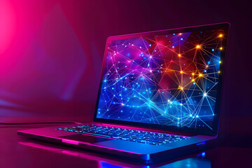 Computer notebook with futuristic network connection technology big data. Blue neon background.