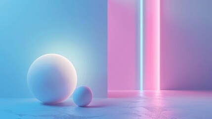 3D render of an abstract background with geometric shapes and neon lights, 2D illustration in the style of minimalistic design with pastel colors and soft lighting, a blue wall in the background and a