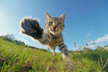 Naklejka na ściany i meble a cat jumps in the air, his front paws in the foreground, blue sky and green grass in the background