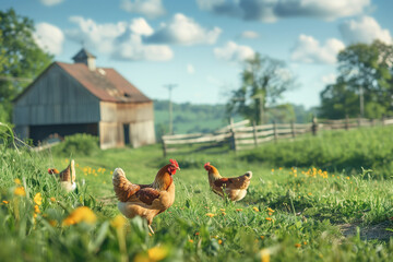 Fototapeta premium chickens walk on the grass near the farm