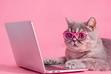 Cute cat looking computer laptop on background.