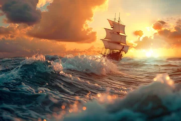 Tafelkleed Sailing ship on ocean at sunset with dramatic sky © alexandr