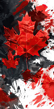 A red and white poster of a maple leaf with a forest background. The poster is titled "Canada"