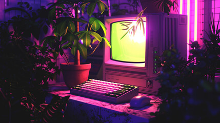 old retro personal computer with vintage CRT display, obsolete old-fashioned pc with keyboard and screen, in style of synthwave - obrazy, fototapety, plakaty