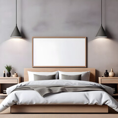 Wall art mockup, bedroom, gray loft wall, light wood frame, horizontal wide
