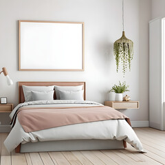 Wall art mockup, bedroom, light gray wall, light wood frame, horizontal, beige