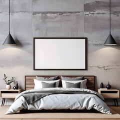 Wall art mockup, bedroom, gray loft wall, dark wood frame, wide horizontal