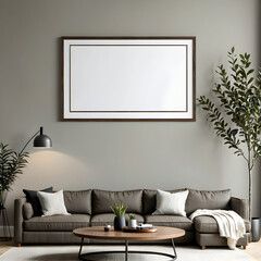 Living room wall art mockup, gray wall, wide horizontal, dark wood frame, olive