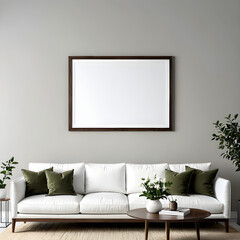 Living room wall art mockup, gray wall, horizontal, dark wood frame, olive