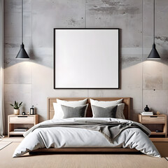 Wall art mockup, bedroom, gray loft wall, dark wood frame, square