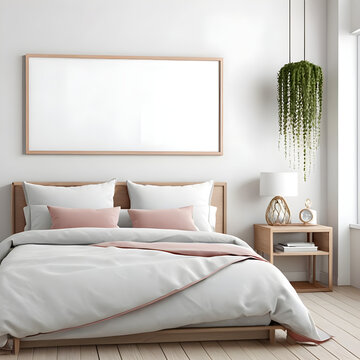 Wall art mockup, bedroom, light gray wall, light wood frame, wide horizontal, beige