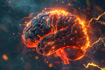 illustration of the human brain with electric sparks and lightning bolts, creating an atmosphere of innovation and creativity - obrazy, fototapety, plakaty