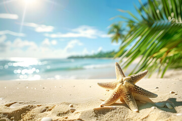Fototapeta na wymiar Starfish on sand at beach. Summer background.