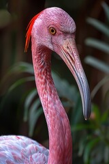 Close up view of a pink bird with a long neck in focus
