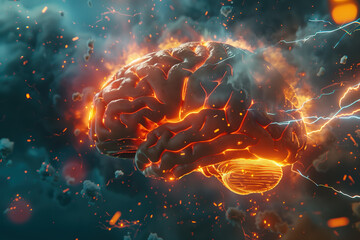 illustration of the human brain with electric sparks and lightning bolts, creating an atmosphere of innovation and creativity - obrazy, fototapety, plakaty