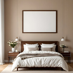 Wall art mockup, bedroom,  beige wall, dark wood frame, brown
