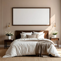 Wall art mockup, bedroom,  beige wall, dark wood frame, brown