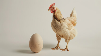 A chicken stands in front of an egg. The chicken is brown and white, and the egg is white and brown. Concept of warmth and comfort, as the chicken and egg are both natural and familiar objects