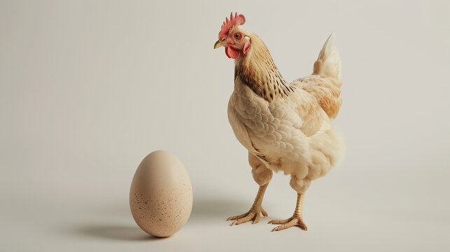 A chicken stands in front of an egg. The chicken is brown and white, and the egg is white and brown. Concept of warmth and comfort, as the chicken and egg are both natural and familiar objects