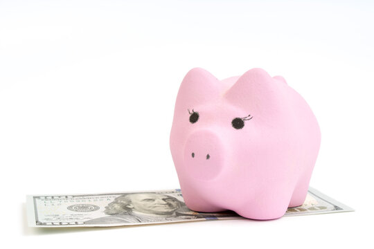 Pink piggy bank, dollars on a white background. savings concept, fundraising.