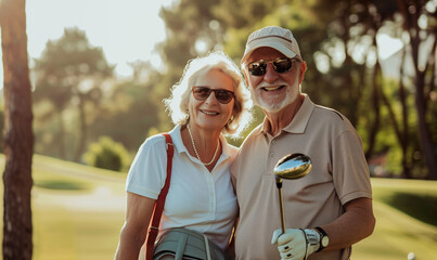 portrait of happy senior couple at golf club at summer, old retired man and woman playing golf and looking at camera