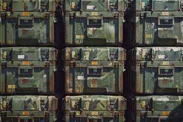Stacked rusted ammunition containers with visible wear and handles - obrazy, fototapety, plakaty