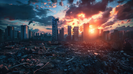 world after the apocalypse, destroyed city with skyscrapers, dark clouds and sunset in background, rubble on ground