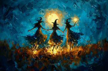 Paint art of witches dancing by the bonfire. AI generative