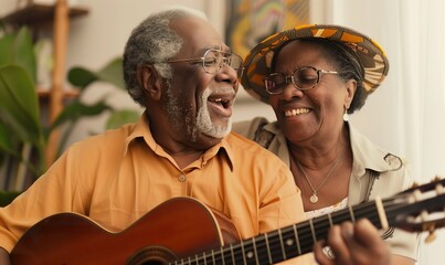 old senior african american man singing serenade and playing acoustic guitar, cuban latina male sing song - Powered by Adobe