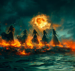 Paint art of witches dancing by the bonfire. AI generative - 783258262