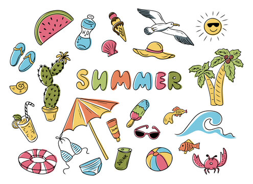 Set of summer colored hand drawn doodles. Vacation summer concept. Sea beach related items isolated on white background