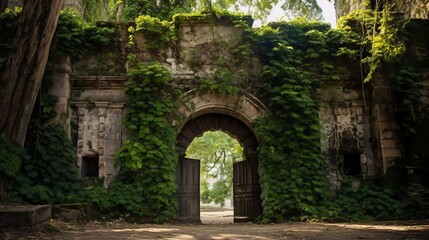 Fototapeta na wymiar Fort entrance framed by lush ivy vines