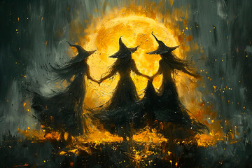 Paint art of witches dancing by the bonfire in mystery forest. AI generative - 783258451