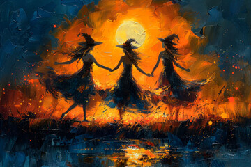 Paint art of witches dancing by the bonfire. AI generative - 783258468