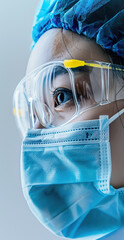 A woman wearing a mask and safety glasses. The woman is looking at the camera. Concept of caution and protection