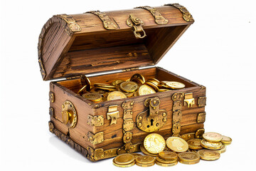 old treasure chest with coins isolated on white