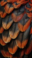 Closeup of hawks wing, feathers, texture,red and brown color. background, wallpaper