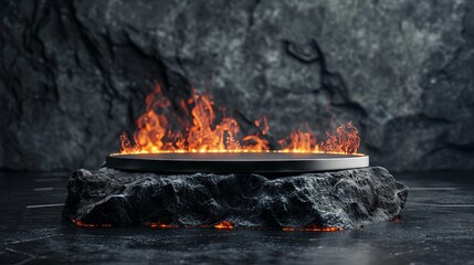 Empty podium dark stage with flames. Mockup template presentation featuring a pedestal of lava rocks with flames and magma.