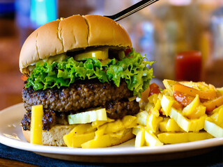 Bitten cheeseburger on a plate