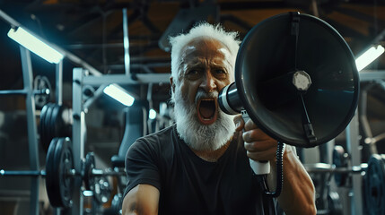 Adult man with white hair screaming shouting in megaphone loudspeaker standing in front of gym or fitness - Generative AI