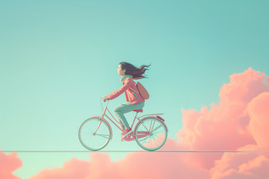 A girl riding a bike on a wire among the clouds, spring concept, pastel colors