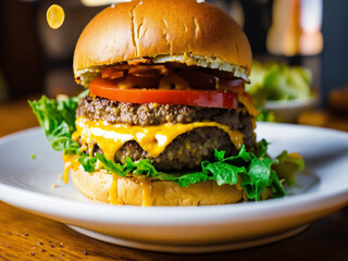 Bitten cheeseburger on a plate