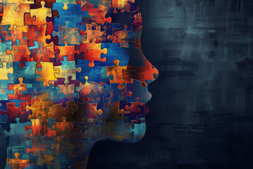 Human head formed from colorful jigsaw puzzle pieces on dark background. World autism awareness day, neurodiversity, mental health care, education, child development concept